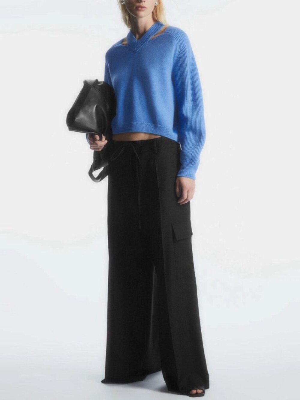 COS Blue Cutout V-Neck Cropped Wool Sweater